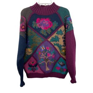 Vintage Eddie Bauer Petite Women SIze PL Chunky Floral Patch Work Wool Sweater